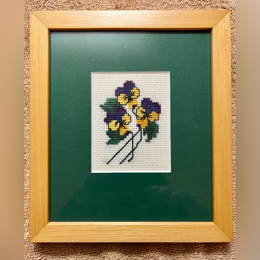 Small Framed Cross Stitch‎ Embroidered Violets Flowers CottageCore Granny Craft